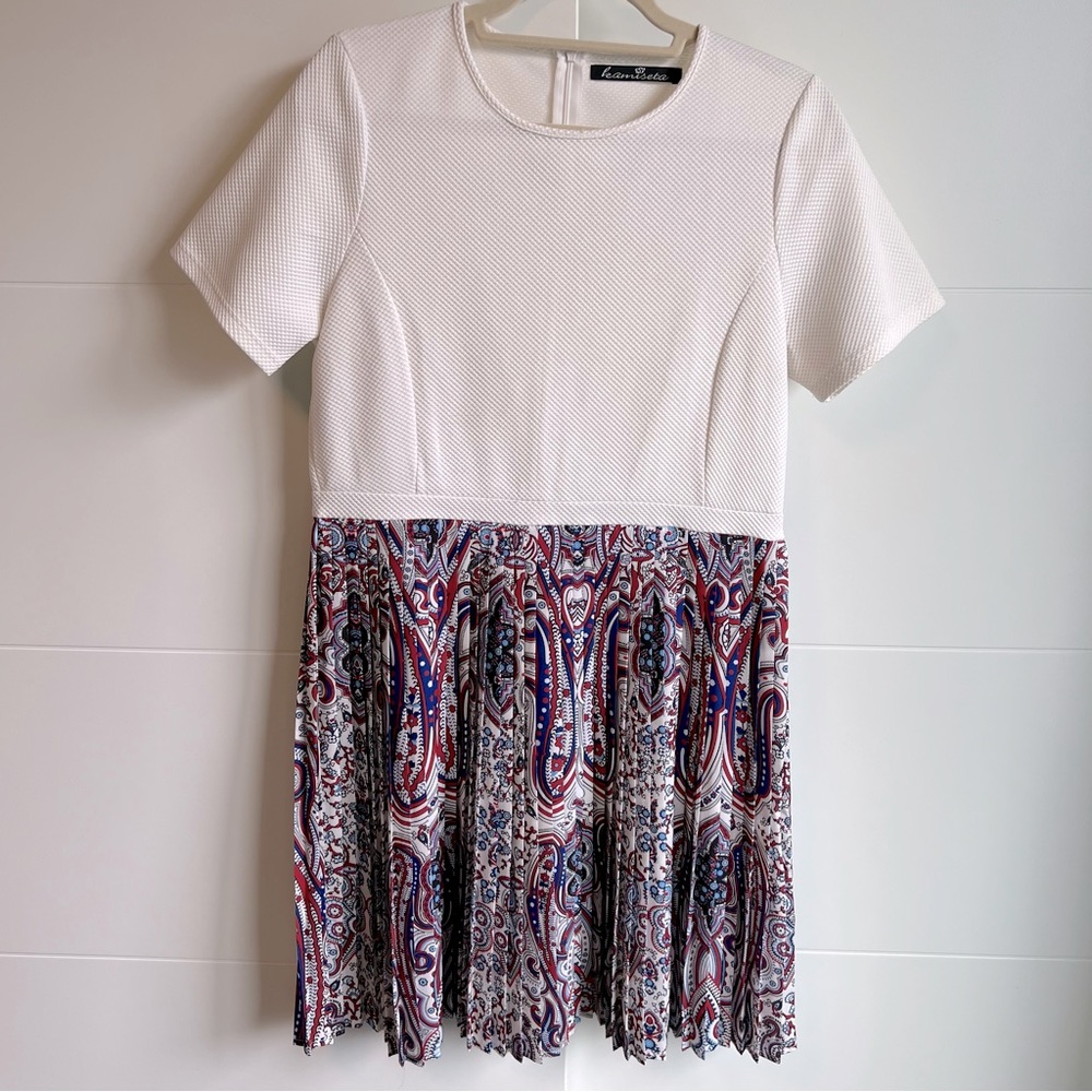 4th of July White, Red + Blue Pleated Sundress (Size Large)